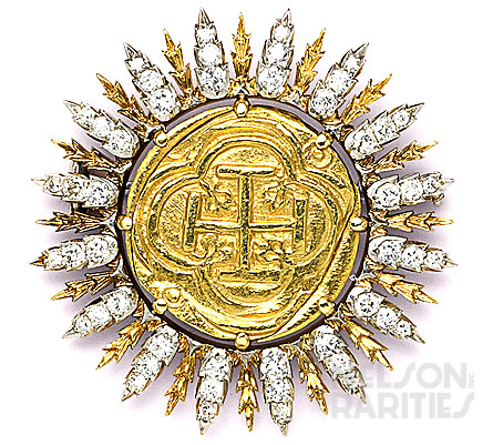 Diamond and Gold Spanish Coin Sunburst Brooch