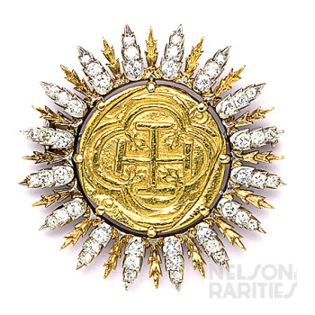 Diamond and Gold Spanish Coin Sunburst Brooch