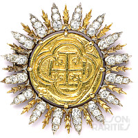 Diamond and Gold Spanish Coin Sunburst Brooch