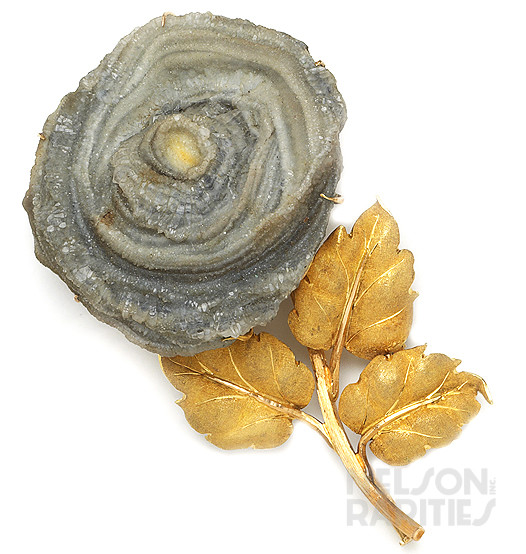 Geode and Carved Gold Flower Brooch