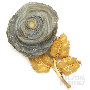 Geode and Carved Gold Flower Brooch