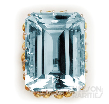 65.56 Carats Aquamarine, Diamond,  Gold and Platinum Ring