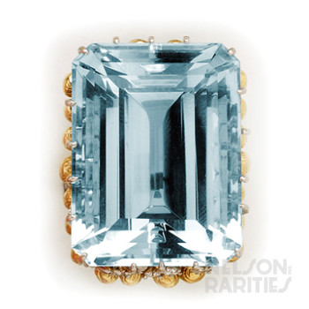 65.56 Carats Aquamarine, Diamond,  Gold and Platinum Ring