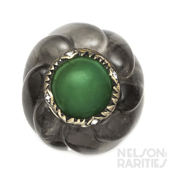 Cabochon-Cut Jade, Carved Rock Crystal and Gold Ring