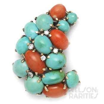 Turquoise, Coral, Diamond and Gold Brooch
