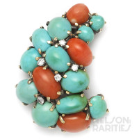 Turquoise, Coral, Diamond and Gold Brooch