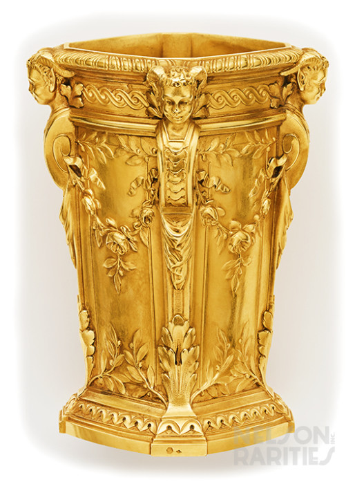 Magnificent Carved Gold Vase with Rococo Horned Figures and Swags of Leaves and Flowers