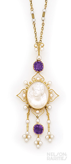 Carved Moonstone Cameo, Amethyst, Pearl and Gold Necklace