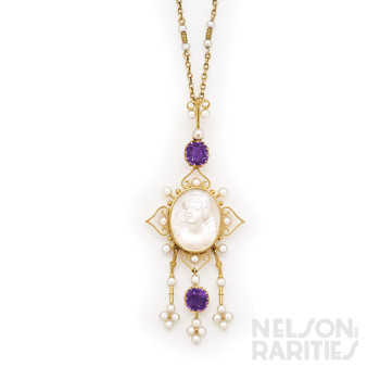 Carved Moonstone Cameo, Amethyst, Pearl and Gold Necklace