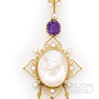 Carved Moonstone Cameo, Amethyst, Pearl and Gold Necklace
