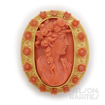 Carved Coral Cameo, Coral and Gold Brooch