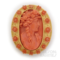Carved Coral Cameo, Coral and Gold Brooch
