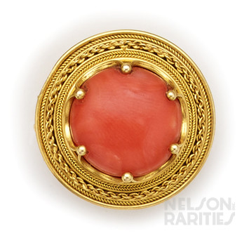 Etruscan Revival Coral and Gold Brooch
