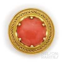 Etruscan Revival Coral and Gold Brooch