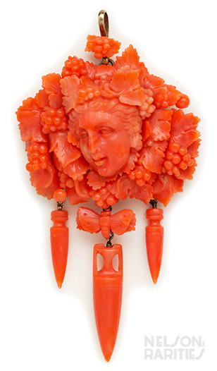 Carved Coral Cameo Pendant Brooch