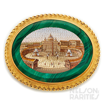 Micromosaic of Vatican, Malachite and  Gold Brooch
