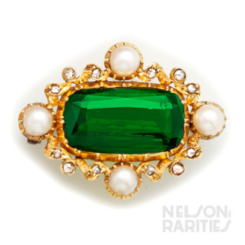 Green Tourmaline, Rose-Cut Diamond, Pearl  and Gold Brooch