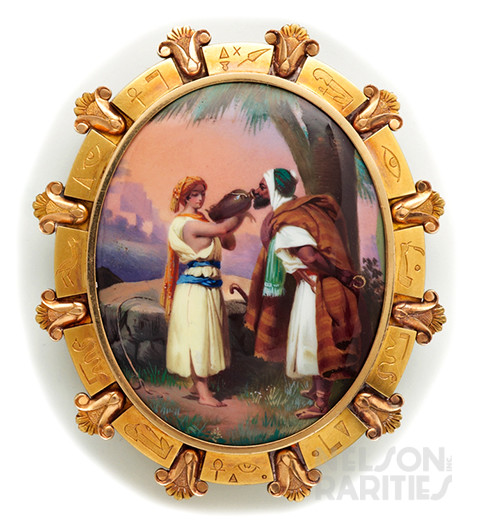 Swiss Enamel Brooch of “Rebecca at the Well”  Set in Gold Frame with Egyptian Hieroglyphic Motifs