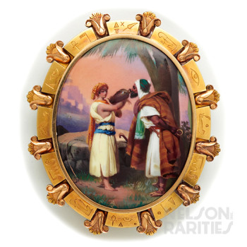 Swiss Enamel Brooch of “Rebecca at the Well”  Set in Gold Frame with Egyptian Hieroglyphic Motifs