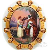 Swiss Enamel Brooch of “Rebecca at the Well”  Set in Gold Frame with Egyptian Hieroglyphic Motifs