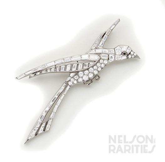 Fancy-Shaped Diamond, Baguette Diamond, Diamond, Onyx and Platinum Bird Brooch