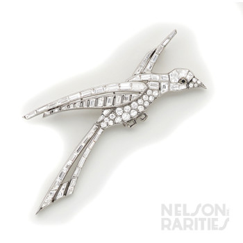 Fancy-Shaped Diamond, Baguette Diamond, Diamond, Onyx and Platinum Bird Brooch