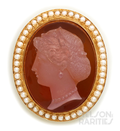 Sardonyx Cameo, Natural Seed Pearl  and Gold Brooch