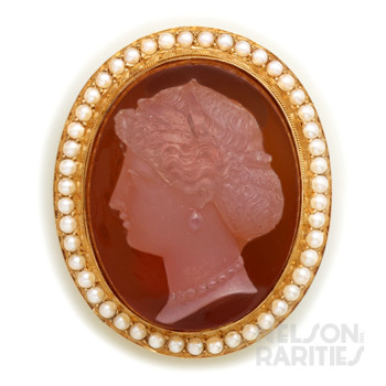 Sardonyx Cameo, Natural Seed Pearl  and Gold Brooch