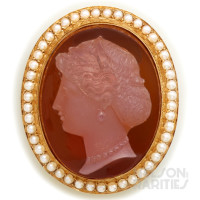 Sardonyx Cameo, Natural Seed Pearl  and Gold Brooch