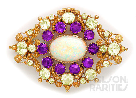 Opal, Siberian Amethyst, Chrysolite and Cannetille Gold Pendant Brooch