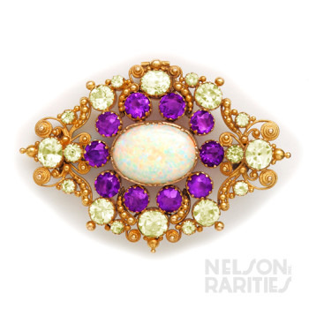 Opal, Siberian Amethyst, Chrysolite and Cannetille Gold Pendant Brooch