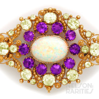 Opal, Siberian Amethyst, Chrysolite and Cannetille Gold Pendant Brooch