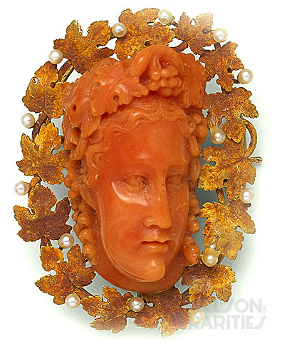 Carved Coral Cameo, Natural Pearl and Gold Brooch