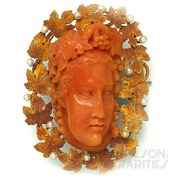 Carved Coral Cameo, Natural Pearl and Gold Brooch