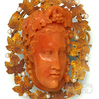 Carved Coral Cameo, Natural Pearl and Gold Brooch