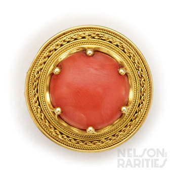 Etruscan Revival Coral and Gold Brooch