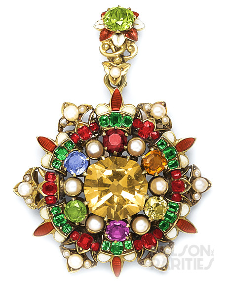 Citrine, Ruby, Emerald, Sapphire, Garnet, Beryl, Topaz, Natural Pearl, Enamel and Gold Pendant/Brooch