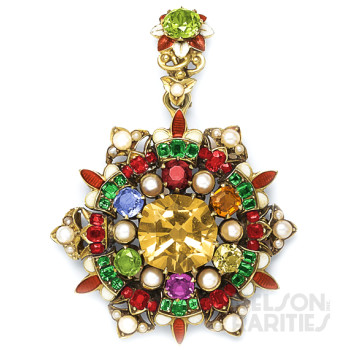 Citrine, Ruby, Emerald, Sapphire, Garnet, Beryl, Topaz, Natural Pearl, Enamel and Gold Pendant/Brooch