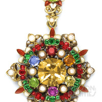 Citrine, Ruby, Emerald, Sapphire, Garnet, Beryl, Topaz, Natural Pearl, Enamel and Gold Pendant/Brooch