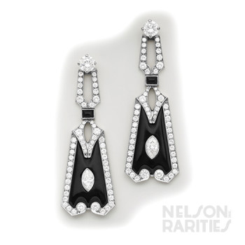 Marquise-Cut Diamond, Diamond, Onyx and Platinum Earrings