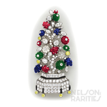 Carved Rock Crystal, Carved Ruby, Carved Emerald, Carved Sapphire, Canary Diamond, Diamond, Enamel and Platinum Plant Pot Brooch. French.