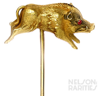 Carved Gold and Ruby Boar Stick Pin
