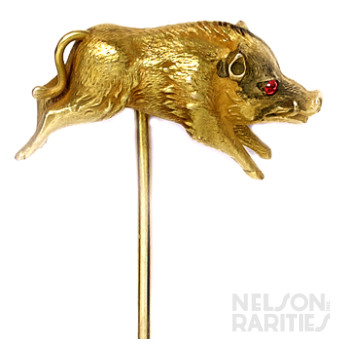 Carved Gold and Ruby Boar Stick Pin