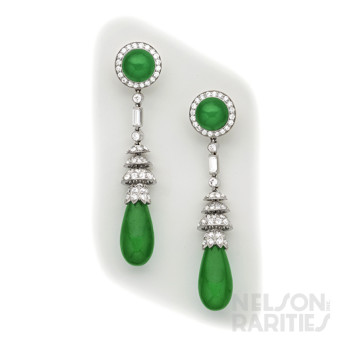 Fine Jade, Diamond and Platinum Drop Earrings