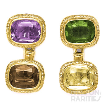 Cushion-Cut Tourmaline, Citrine, Amethyst, and Gold Cufflinks