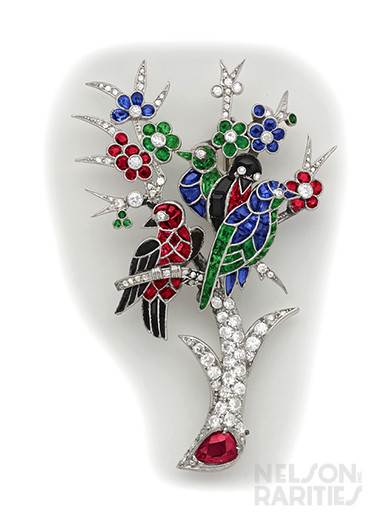 Calibré Ruby, Emerald, Sapphire, Diamond, Onyx and Platinum Aviary Brooch