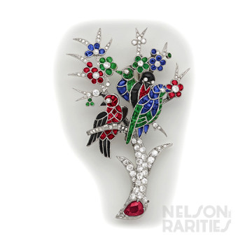 Calibré Ruby, Emerald, Sapphire, Diamond, Onyx and Platinum Aviary Brooch