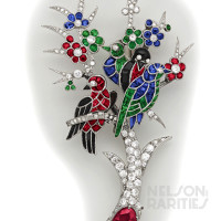 Calibré Ruby, Emerald, Sapphire, Diamond, Onyx and Platinum Aviary Brooch