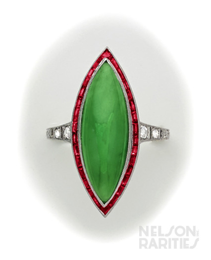 Fine Jade, Calibré Ruby, Diamond and Platinum Ring