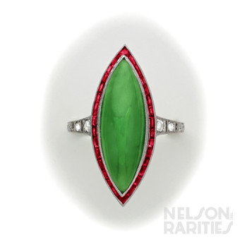 Fine Jade, Calibré Ruby, Diamond and Platinum Ring